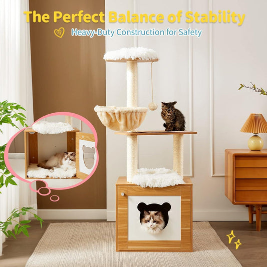 Wooden cat tree with multiple levels and a cat sitting on top, surrounded by plants and a lamp.