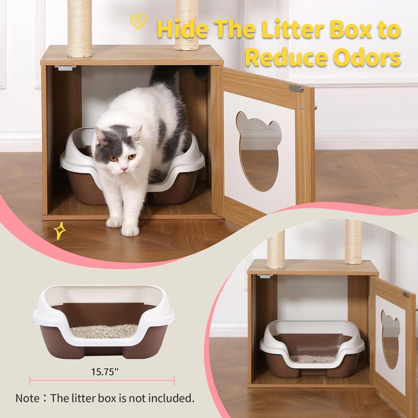 Cat using a wooden litter box enclosure to reduce odors, with text on screen.
