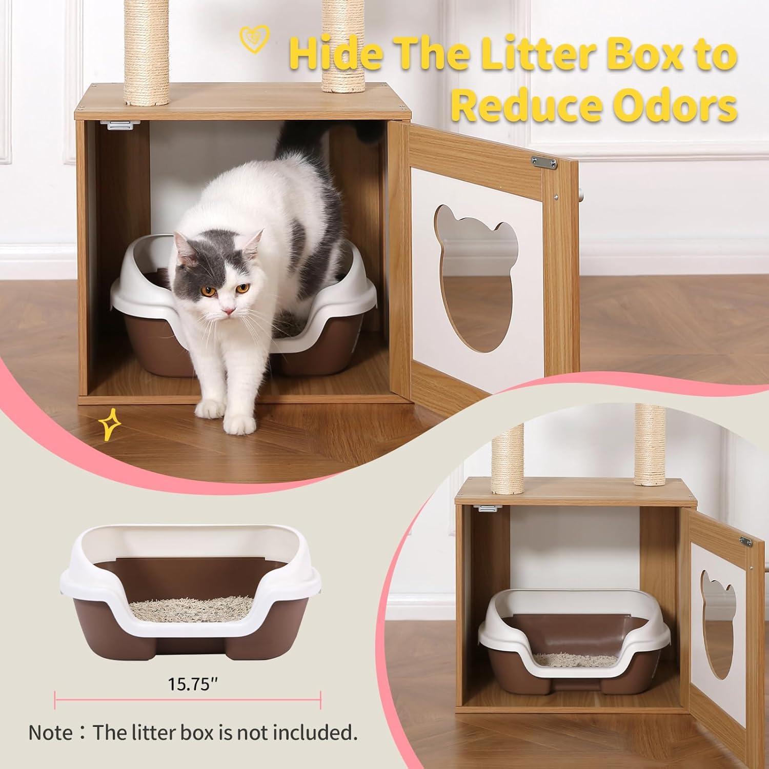 Cat using a wooden litter box enclosure to reduce odors, with text on screen.