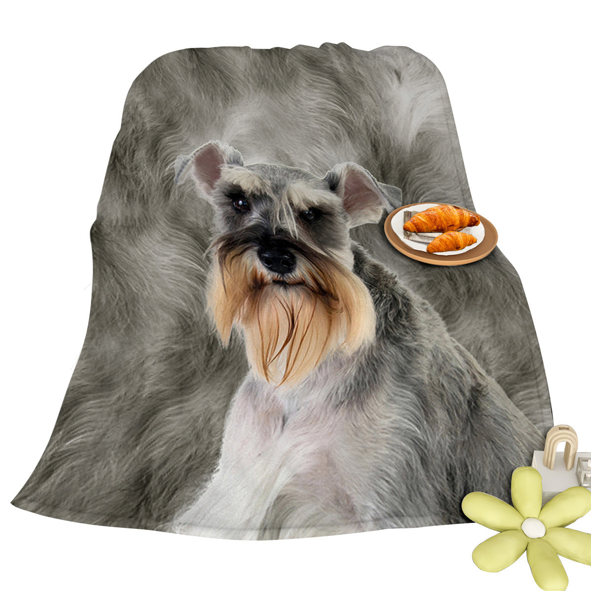 Fleece blanket with a dog design featuring a plate of food and a yellow flower on a white background.