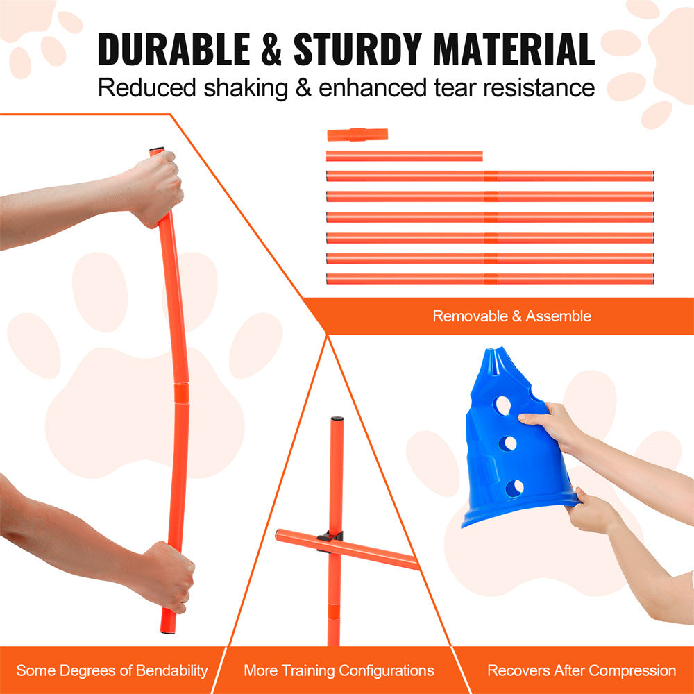 Product advertisement with hands holding red and blue training equipment, highlighting durability and assembly features.