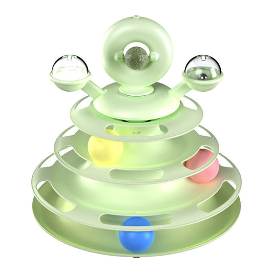 Colorful toy with multiple levels and balls on a white background