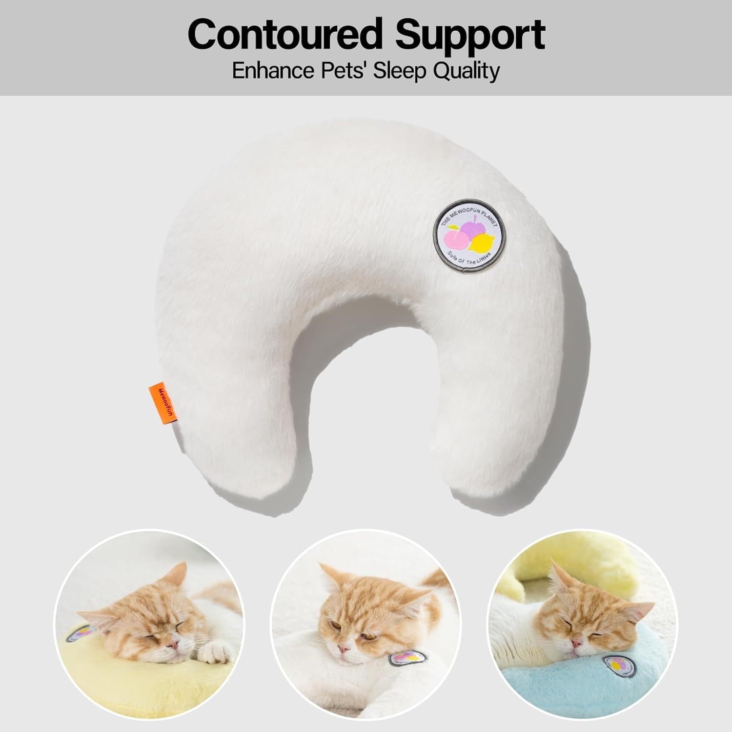 Pet pillow with contoured support for enhancing pets' sleep quality, featuring a cat on a white background.