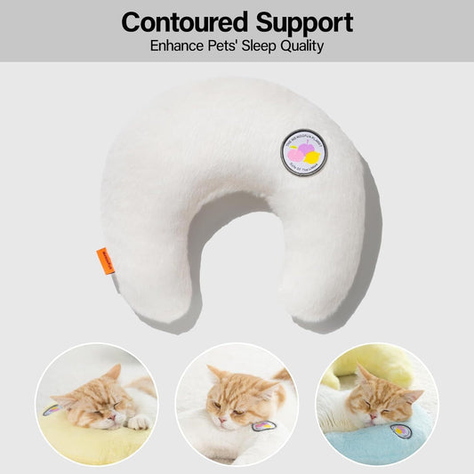Pet pillow with contoured support for enhancing pets' sleep quality, featuring a cat on a white background.
