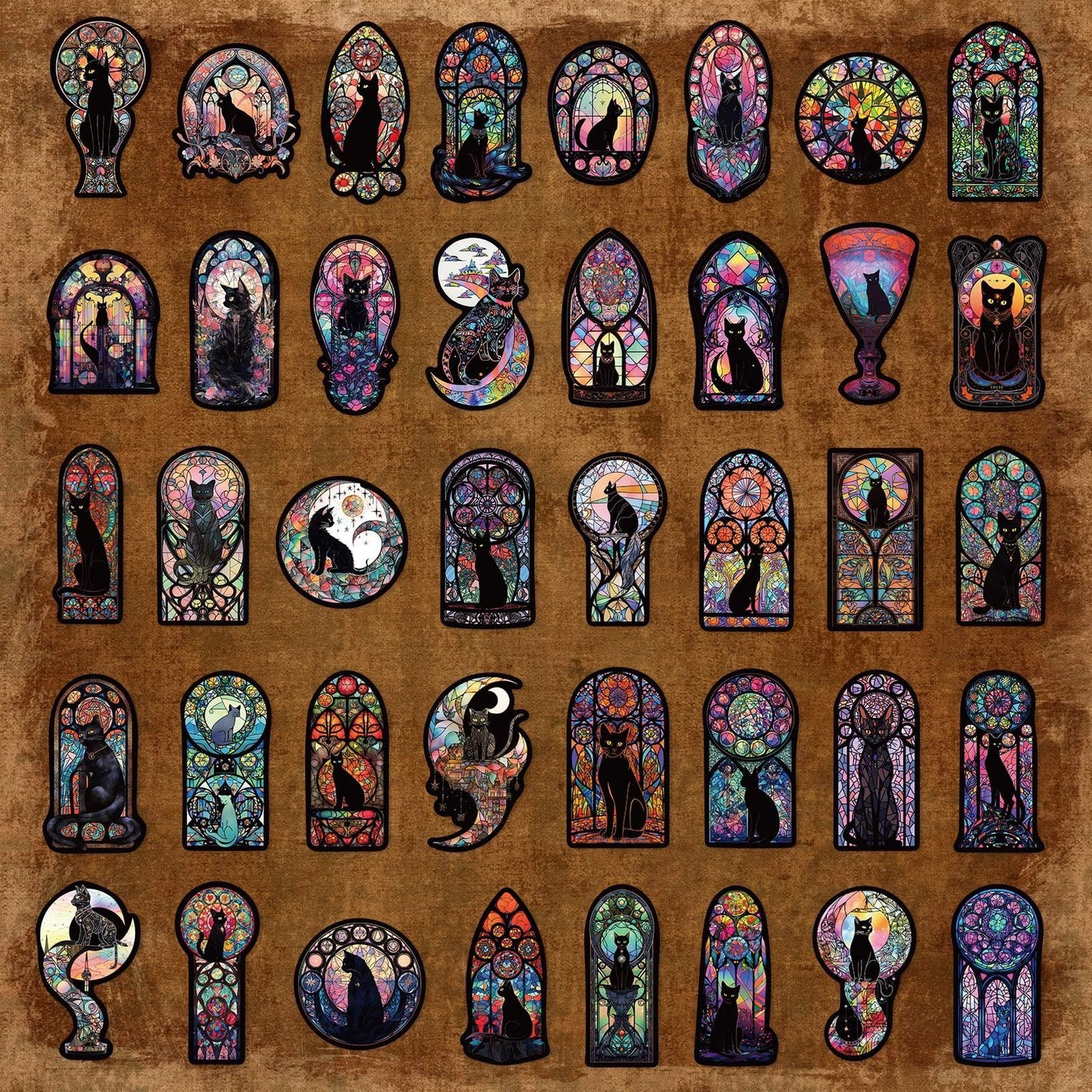 Collection of colorful cat-themed stickers on a brown background