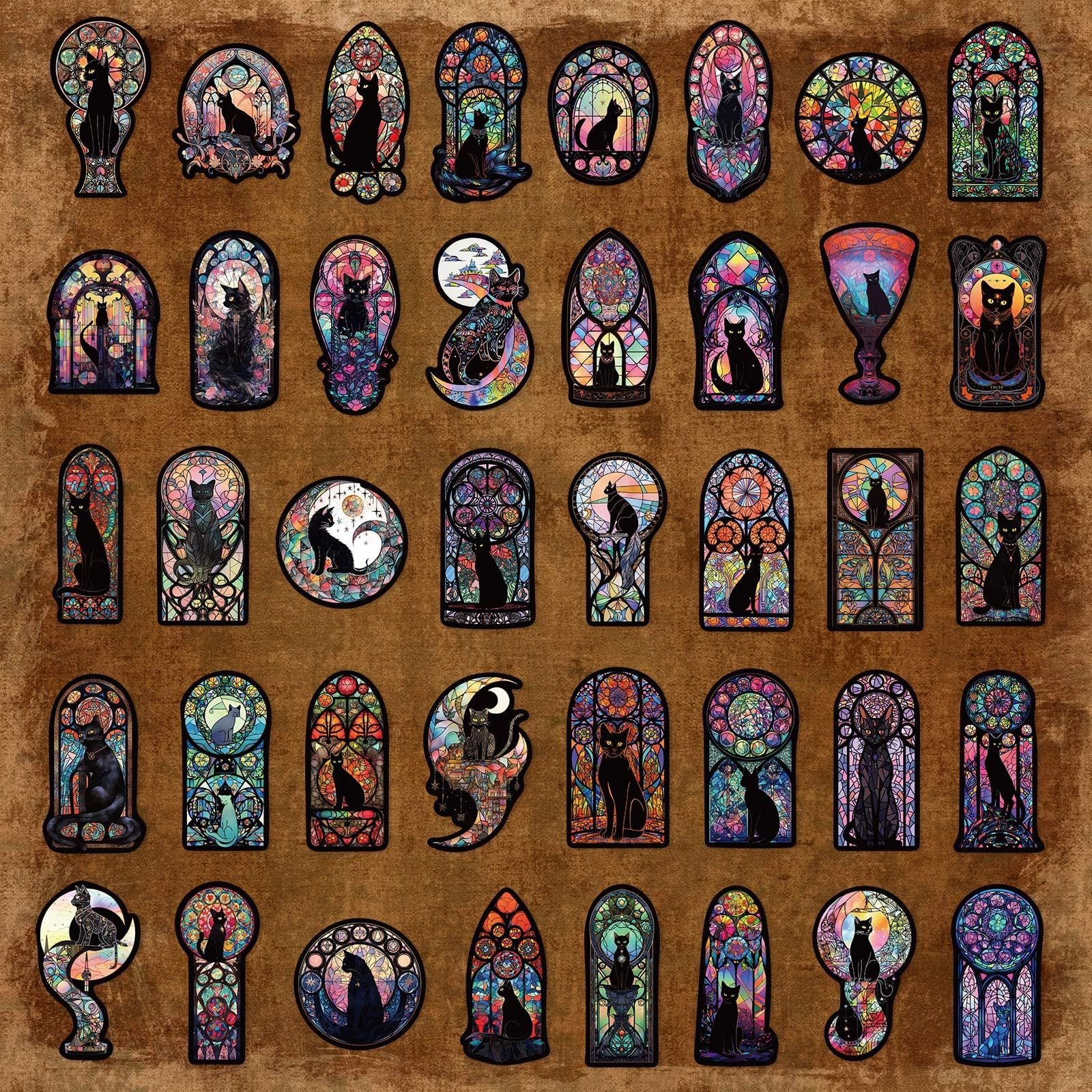 Collection of colorful cat-themed stickers on a brown background