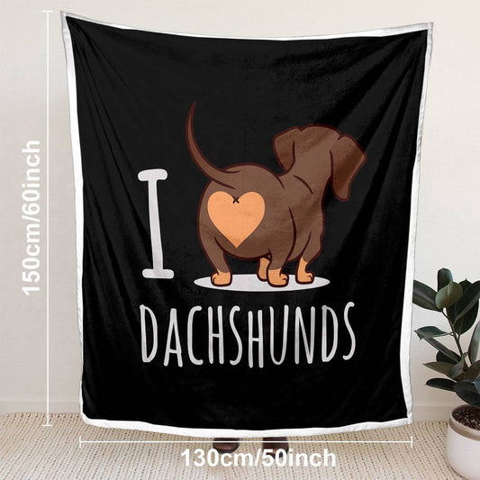Black blanket with a dachshund design and 'I love dachshunds' text, displayed with dimensions.