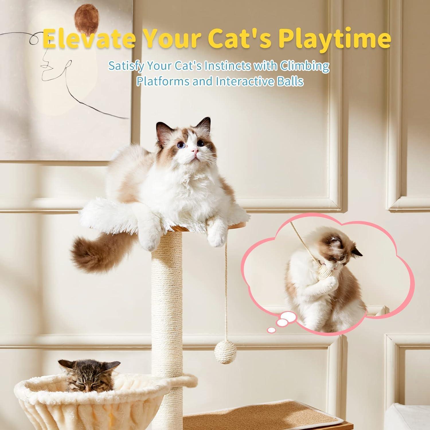 Cat playing on a climbing platform with text 'Elevate Your Cat's Playtime' in a home setting.