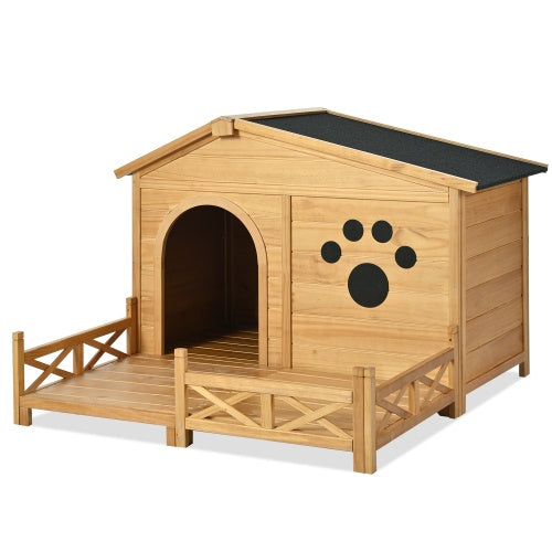 Wooden pet house with a black roof and paw print design on a white background