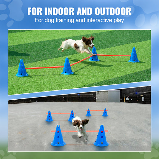 Dog running around agility cones and rods with texts "For indoor and outdoo" and "For dog training and interactive play"