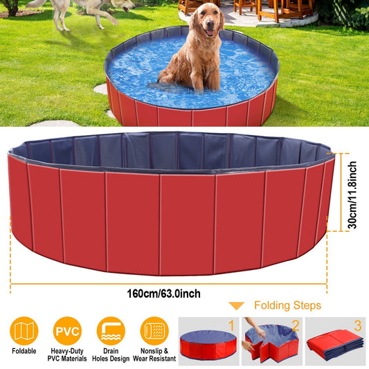 Red and blue folding pet pool with a dog inside, set against a grassy background.