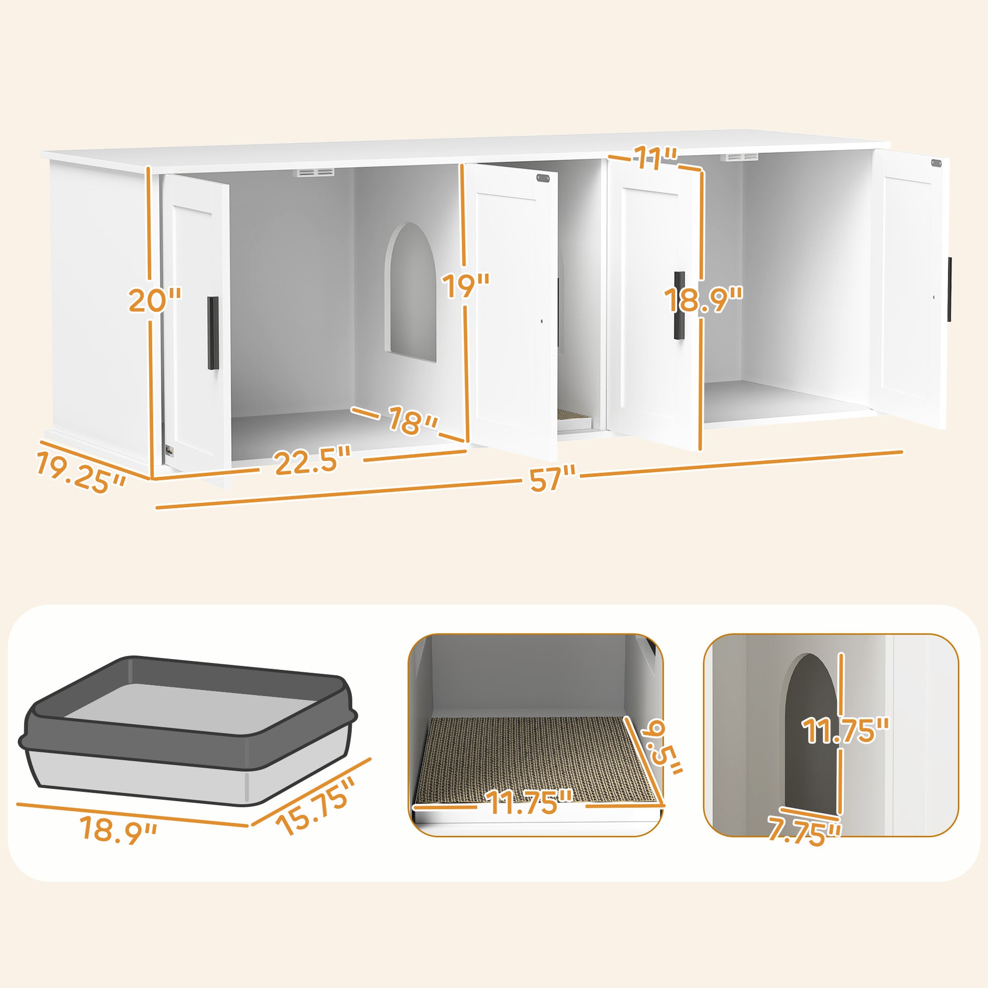 Dimensions of a pet enclosure with inset images of a litter box and a cat tree.
