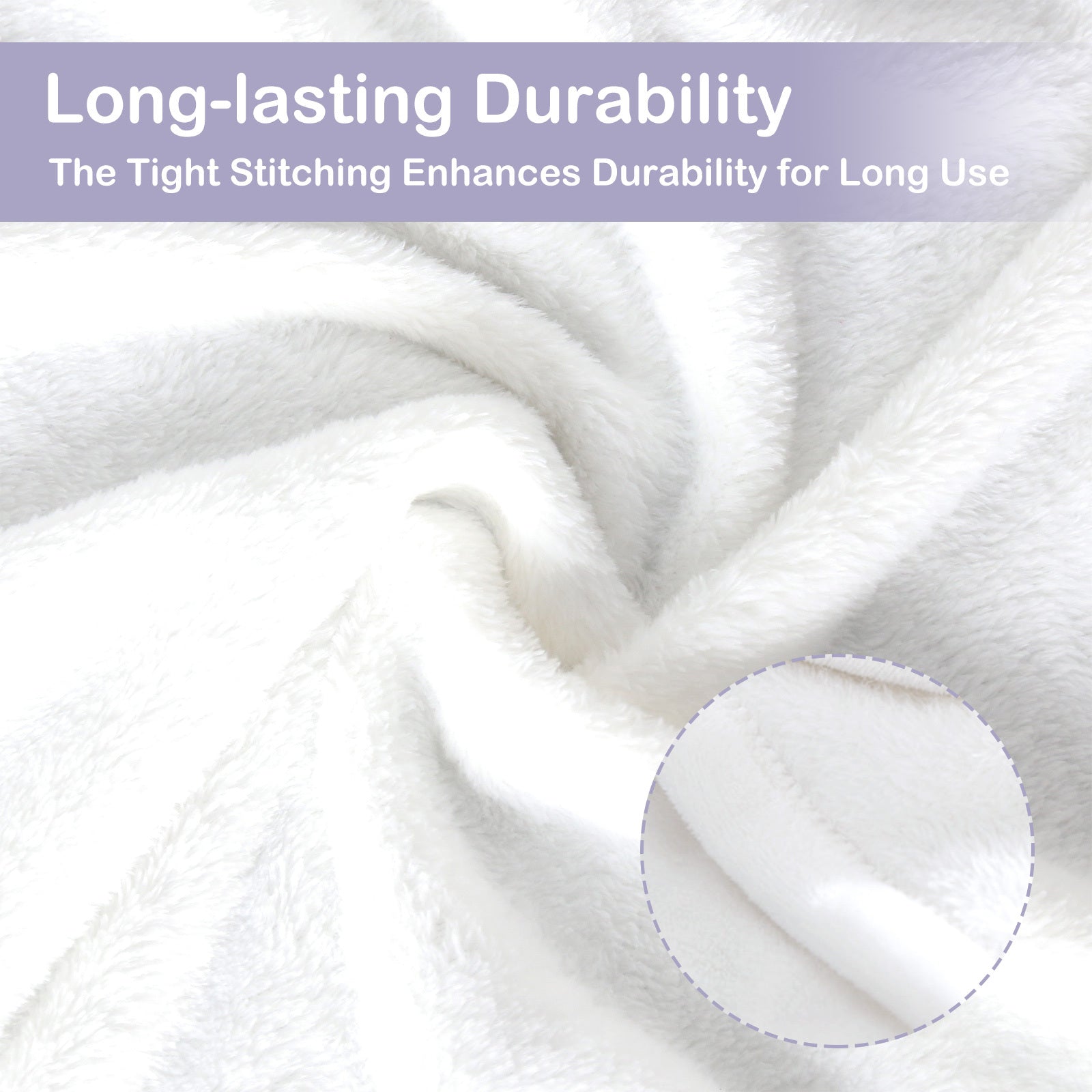 Close-up of white fabric with stitching detail and text about durability.