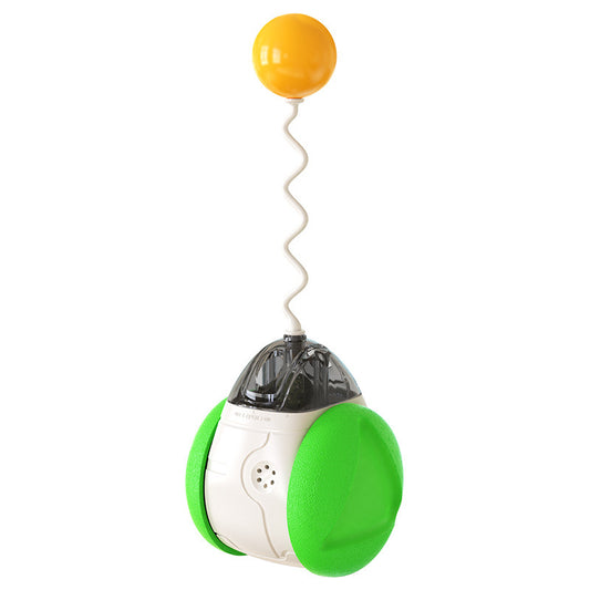 Cat toy with a yellow top, green and white body on a white background