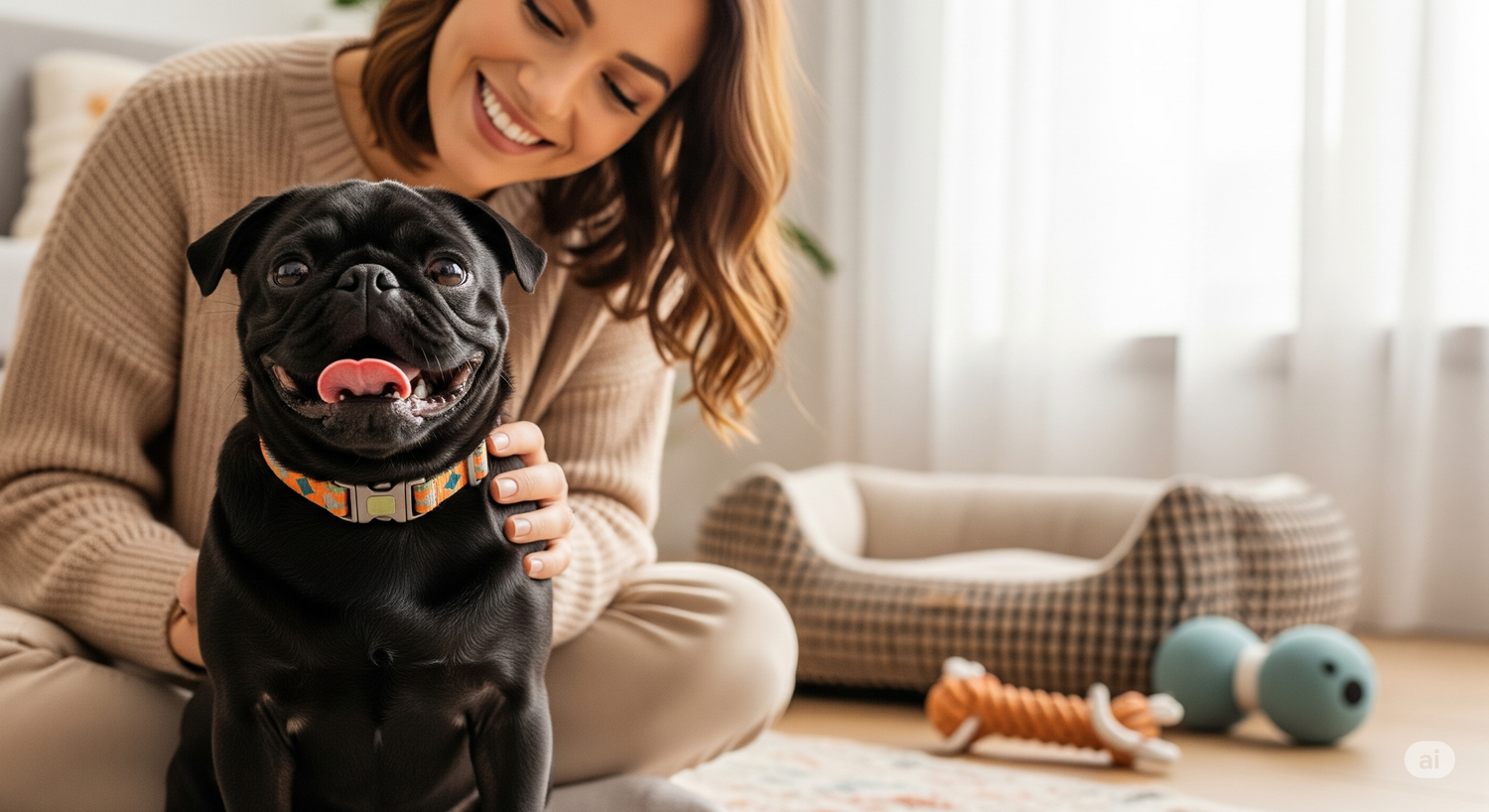 Woman sitting on the floor with a black pug in a cozy living room.