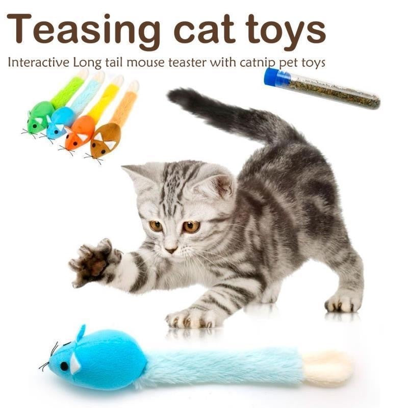 Cat playing with a blue and green cat toy, with text about teasing cat toys and interactive long tail mouse teaser with catnip pet toys.