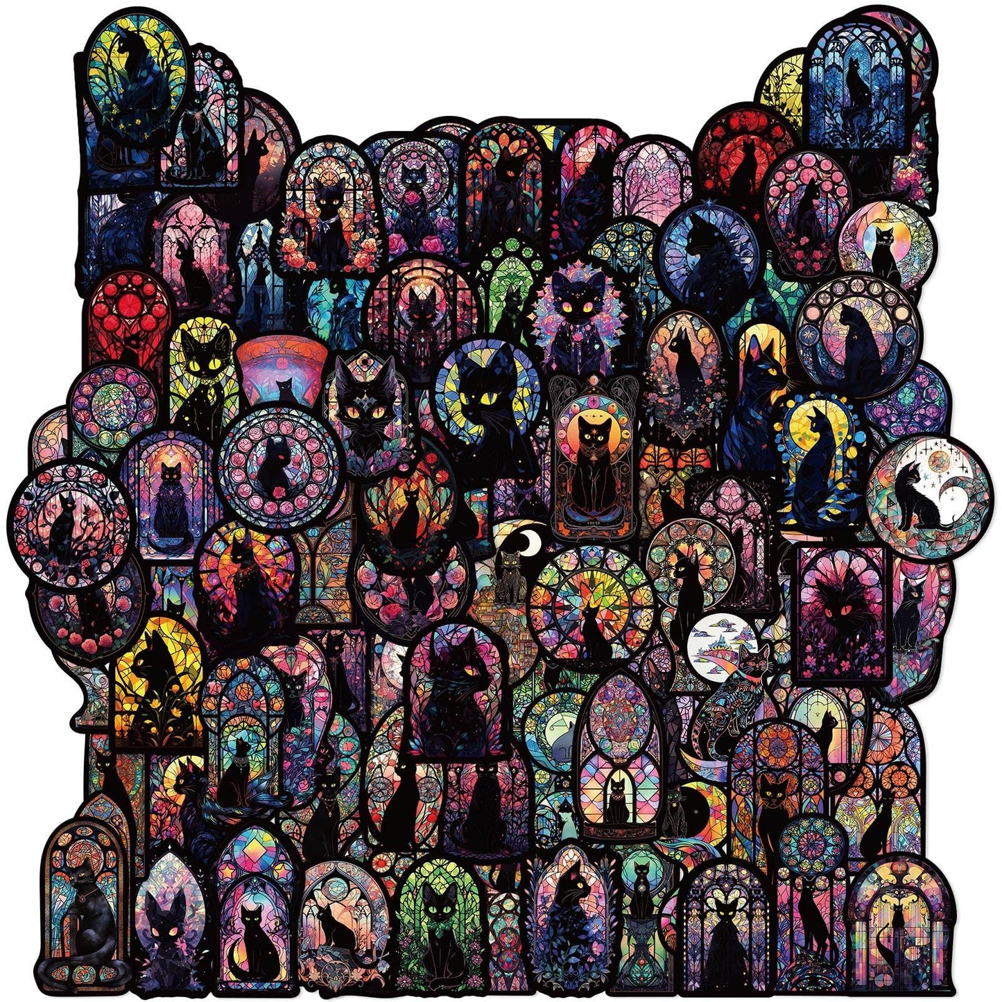 Colorful mosaic design of a cat's face with various patterns and colors on a black background.
