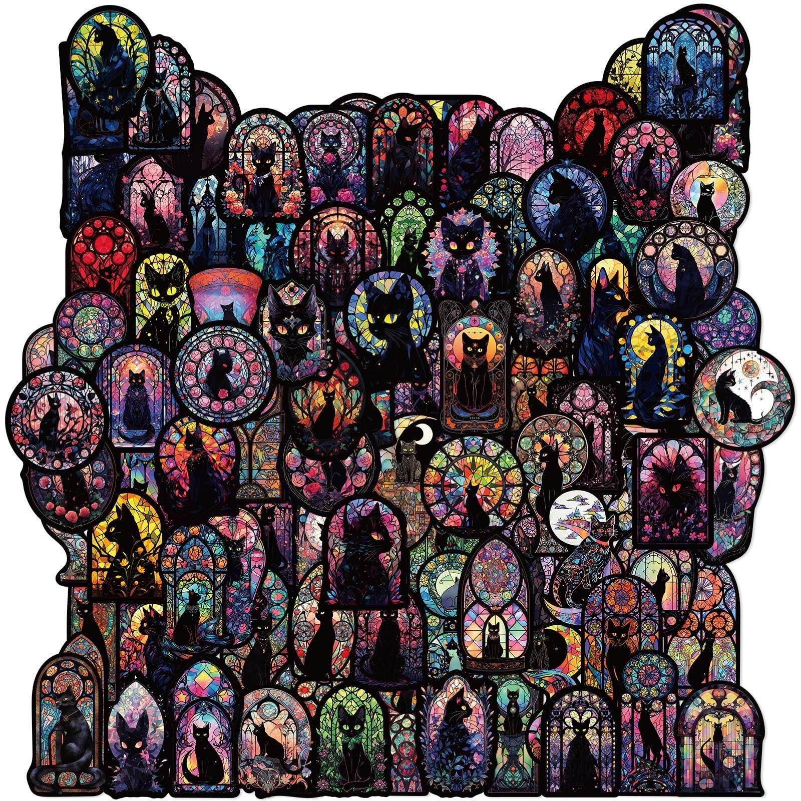 Colorful mosaic design of a cat's face with various patterns and colors on a black background.