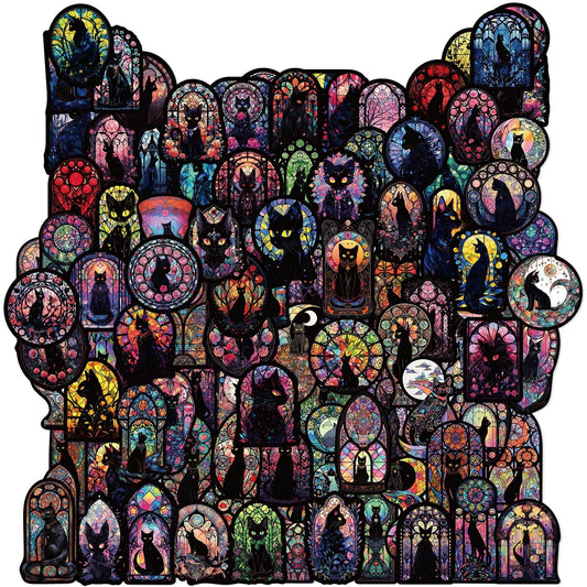 Colorful mosaic design of a cat's face with various patterns and colors on a black background.