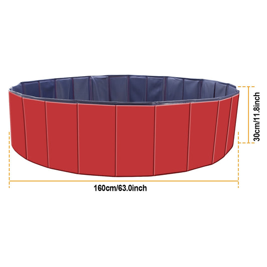 Red pet pool with blue interior and dimensions on a white background