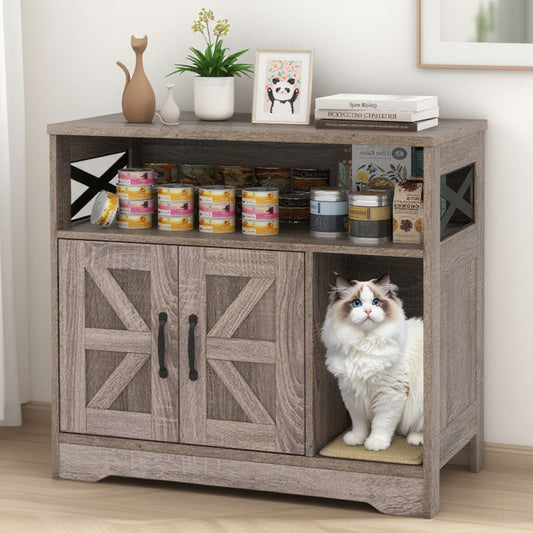 Wooden pet furniture with a cat inside, surrounded by pet supplies on a wooden floor.