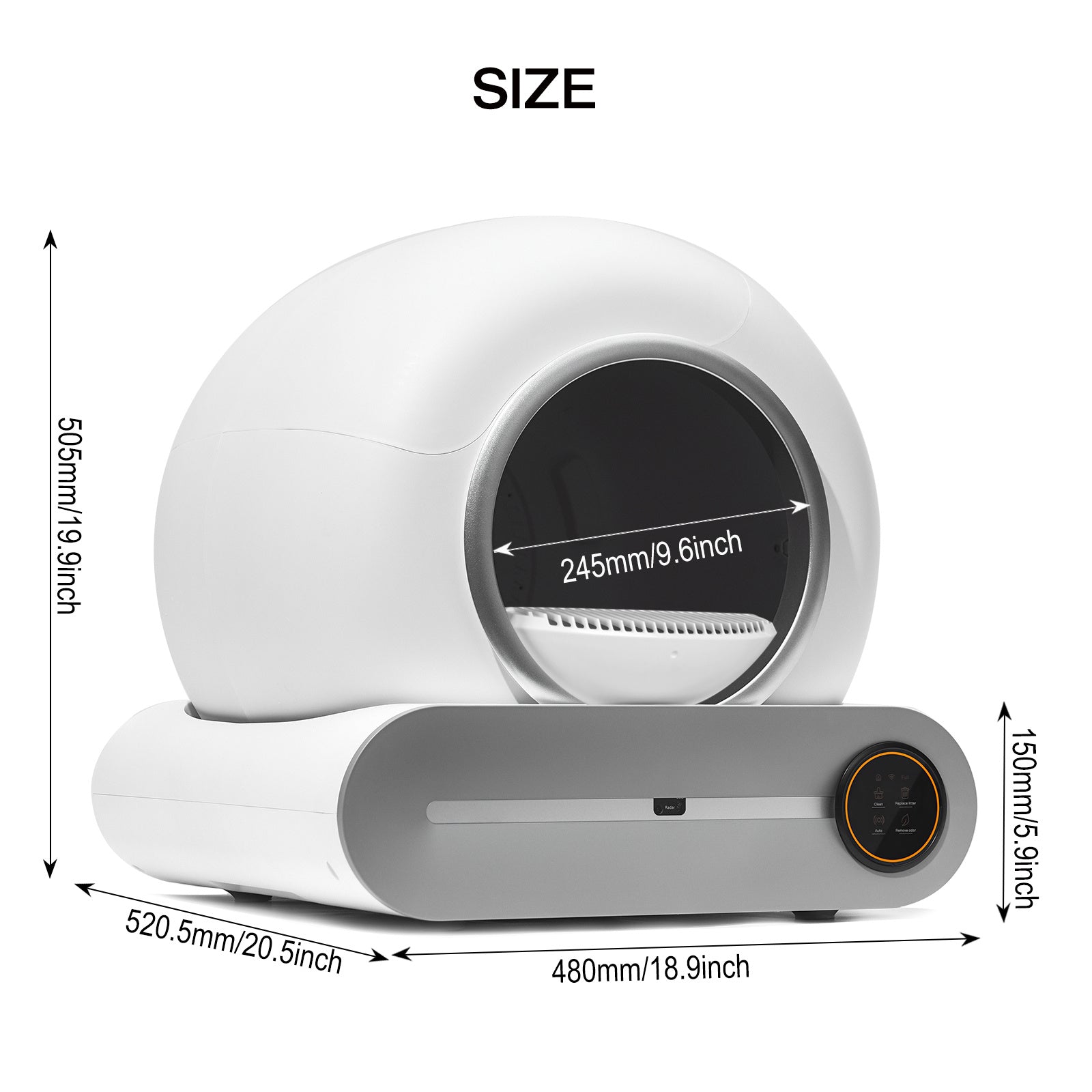 Measurement chart of a white electronic device with dimensions labeled