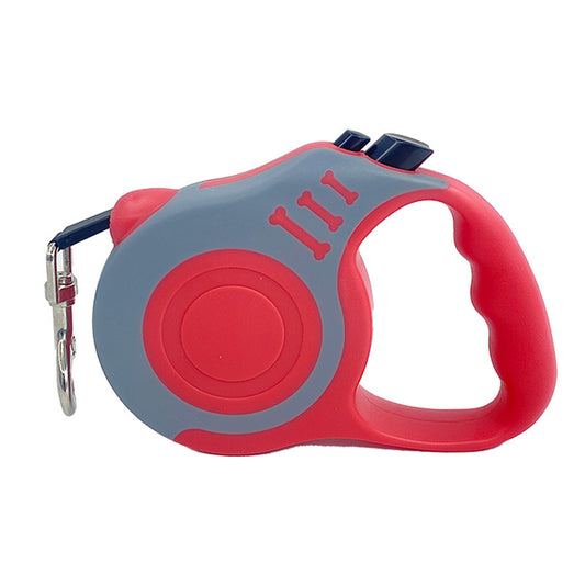 Red and gray retractable dog leash on a white background