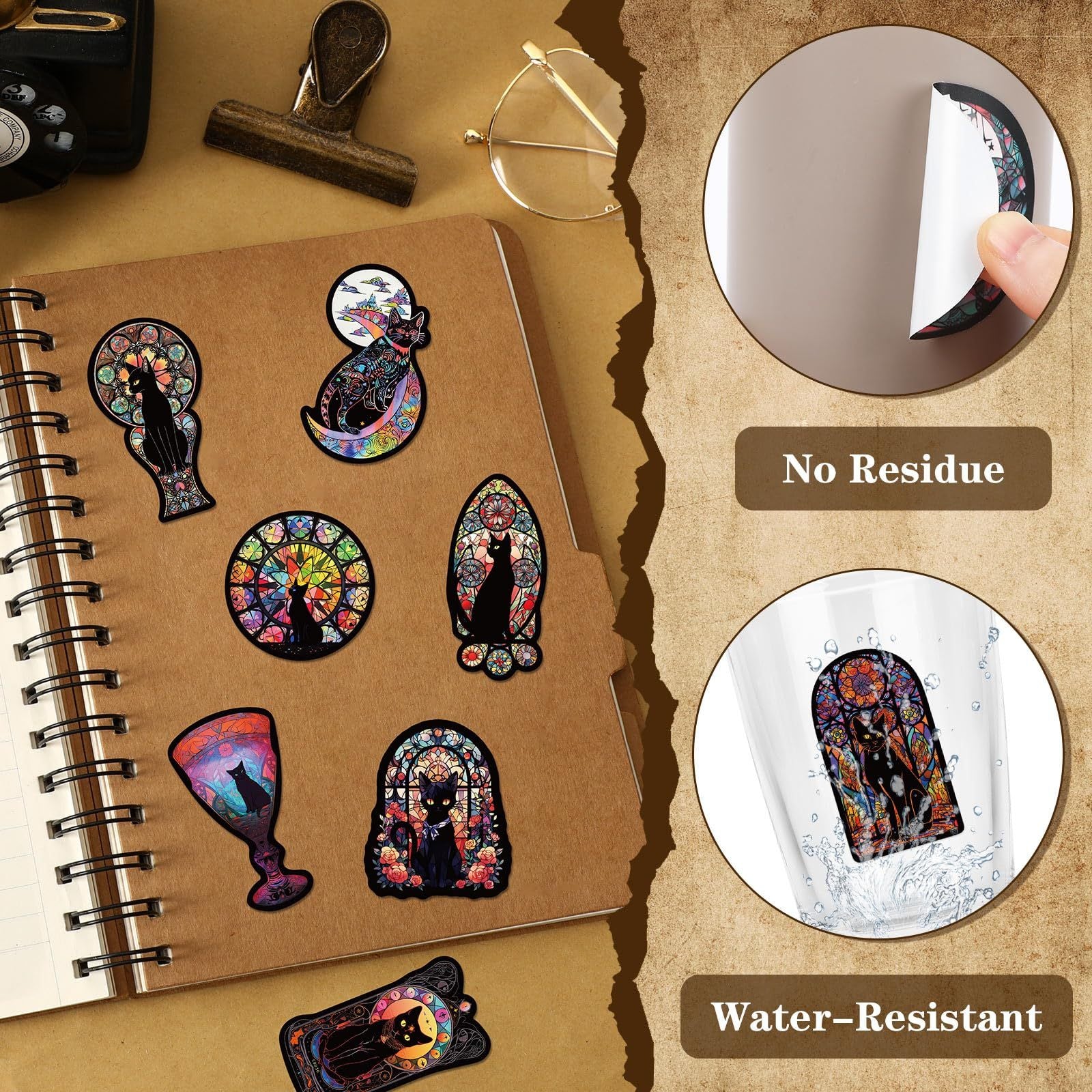 Cat stickers with the words "No residue" and "Water-resistant"