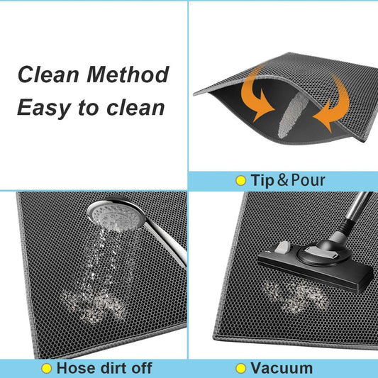 Cleaning method illustration with a mat being rinsed, poured over, and vacuumed.