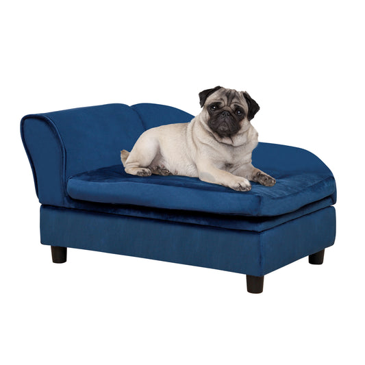 Pug lying on a blue pet bed with a white background