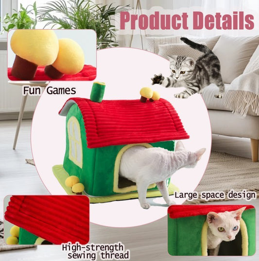 Cat playhouse with cats inside, surrounded by text highlighting features like 'Fun Games', 'Large space design', and 'High-strength sewing thread'.