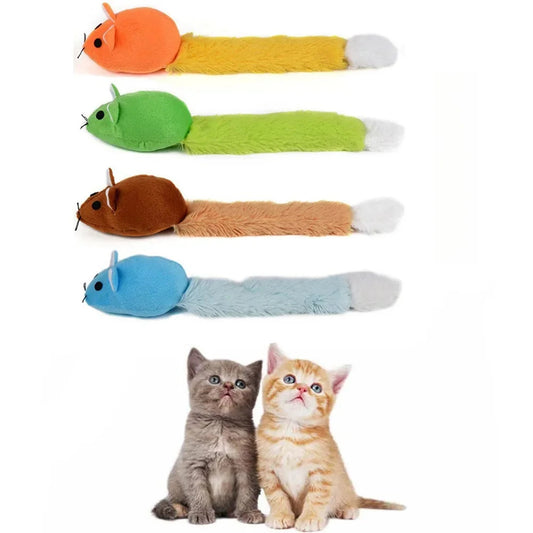 Colorful catnip toys shaped like small animals with two cats sitting below on a white background