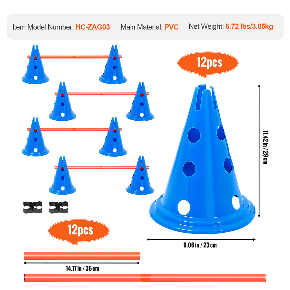 Set of blue plastic agility cones with measurement details on a white background