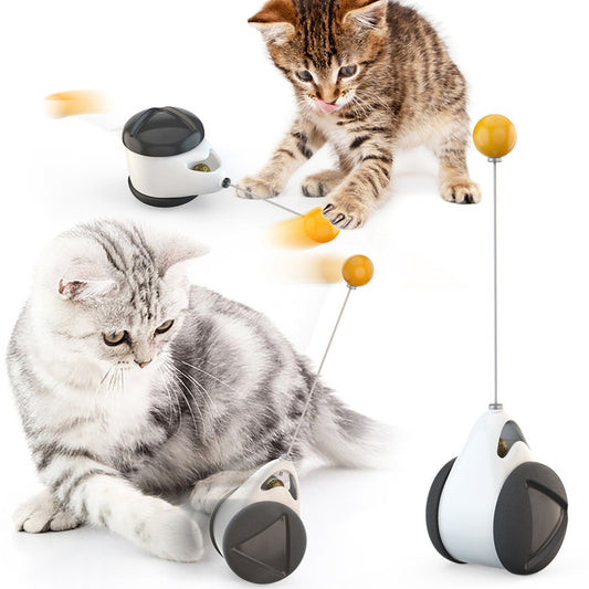 Two cats playing with a cat toy on a white background
