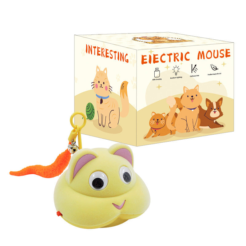 Yellow electric mouse toy with packaging featuring cartoon cats on a white background