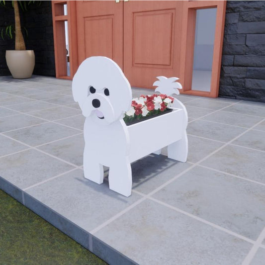 White dog-shaped planter with flowers on a tiled patio