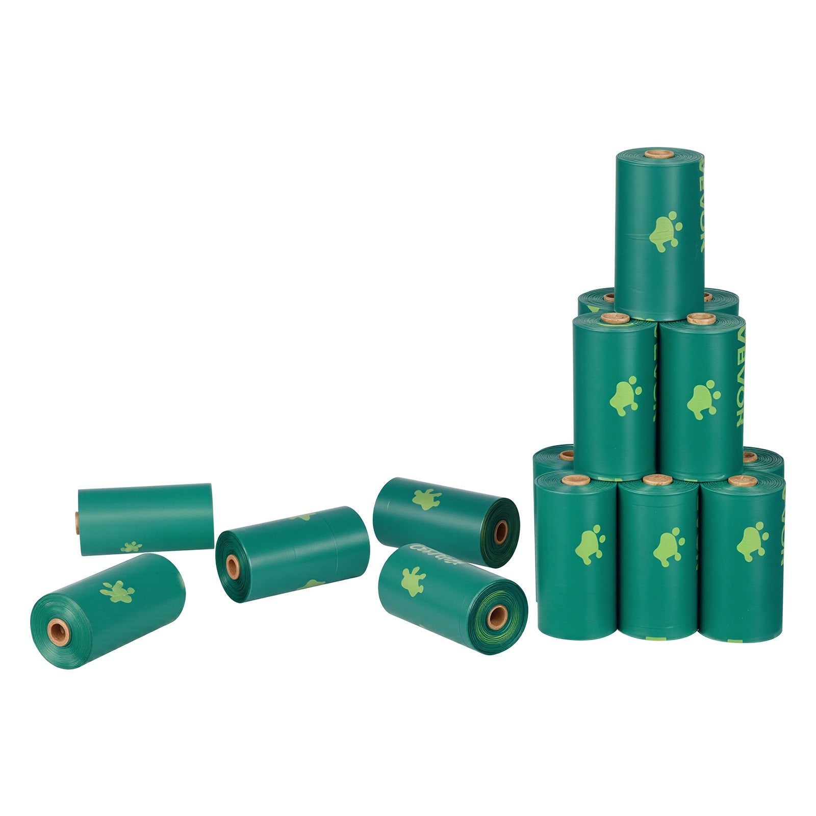 Stack of green rolls with paw prints on a white background