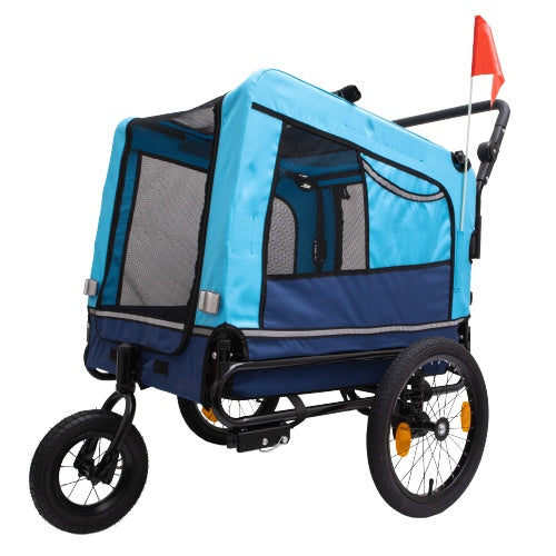 Blue and black pet stroller with a red flag on a white background