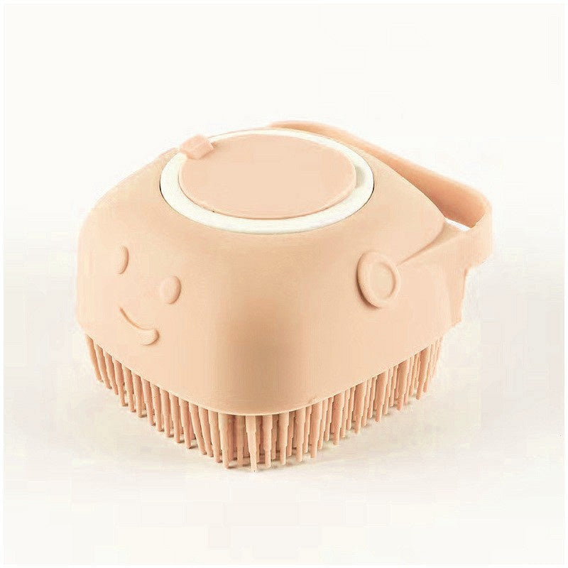 Beige silicone scrubber with a smiley face on a white background