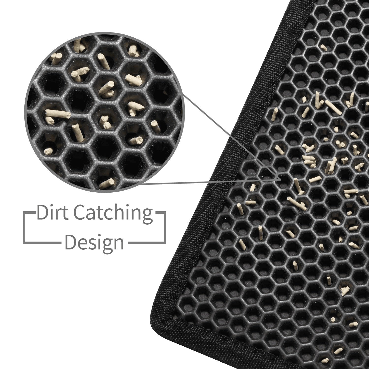 Close-up of a black mat with honeycomb design and dirt-catching features.