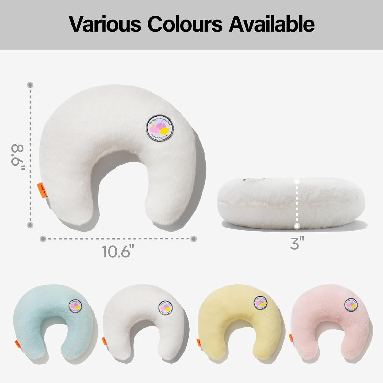 White neck pillow with dimensions and color options displayed.