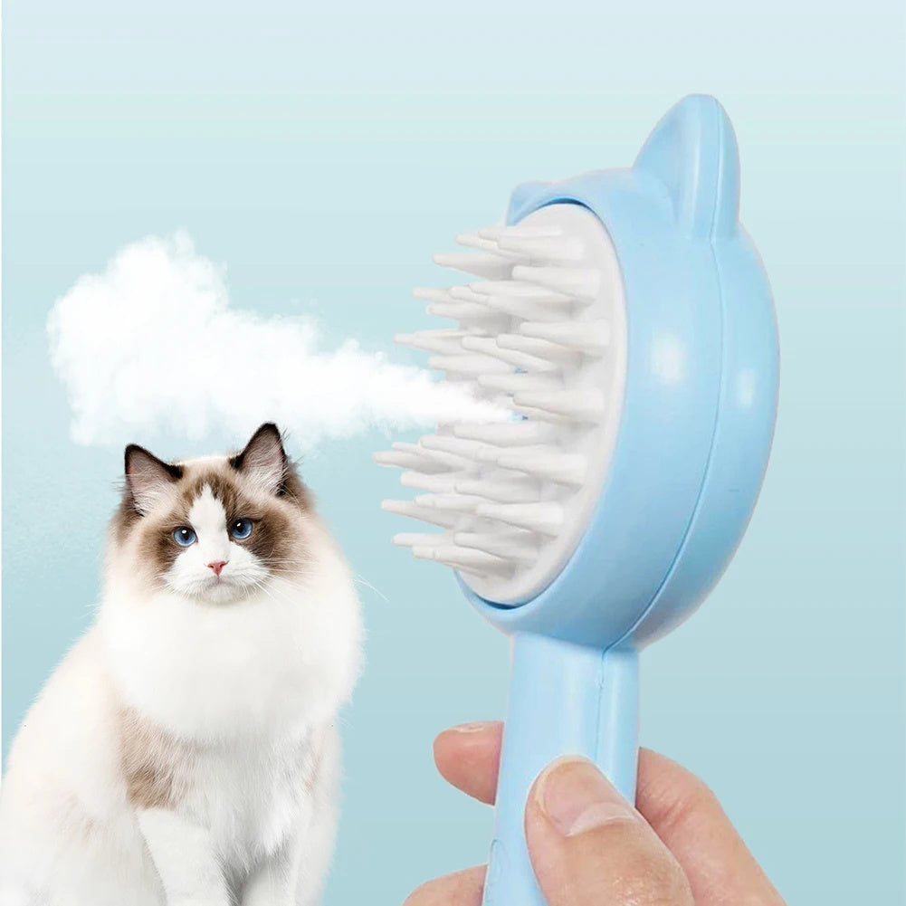Pet grooming brush with a fluffy ball of fur next to a cat on a light blue background