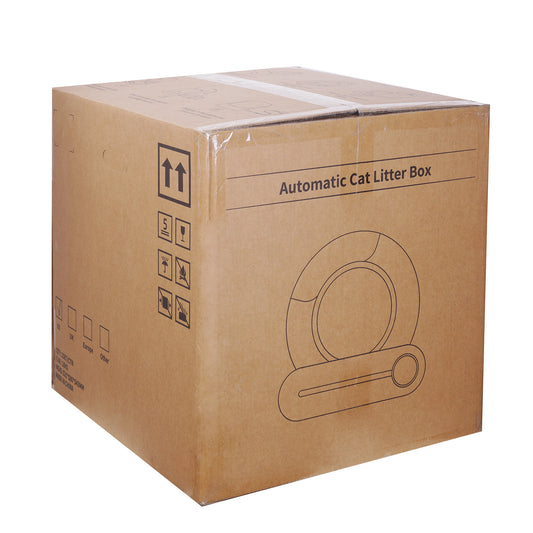 Cardboard box for an automatic cat litter box on a white background