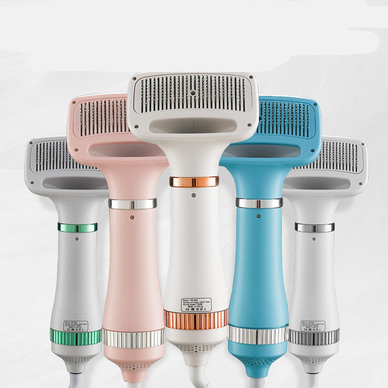 Five handheld pet dryers in different colors on a white background