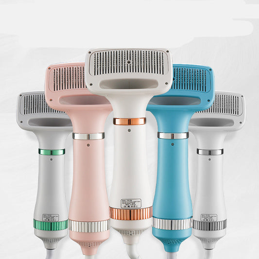 Five handheld pet dryers in different colors on a white background