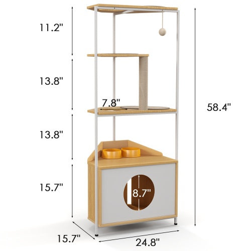 Dimensions of a pet furniture product with wooden shelves and a cat tree.