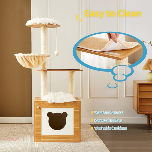 Wooden cat tree with removable mats and washable cushions, labeled 'Easy to Clean'.