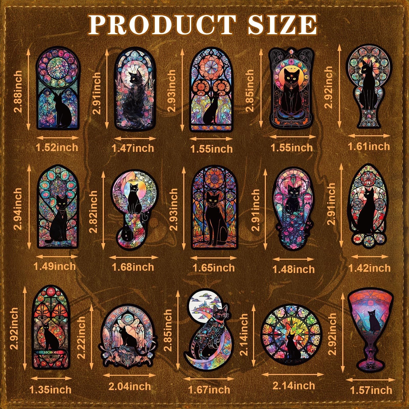 Product size chart with various designs of cats in stained glass windows on a brown background.
