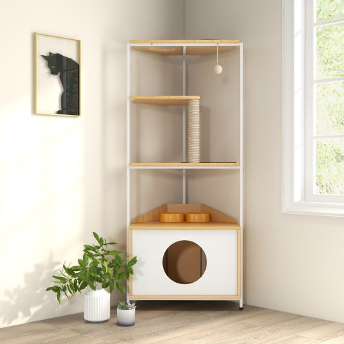 Cat tree with wooden shelves and a white base in a room with a plant and framed picture.