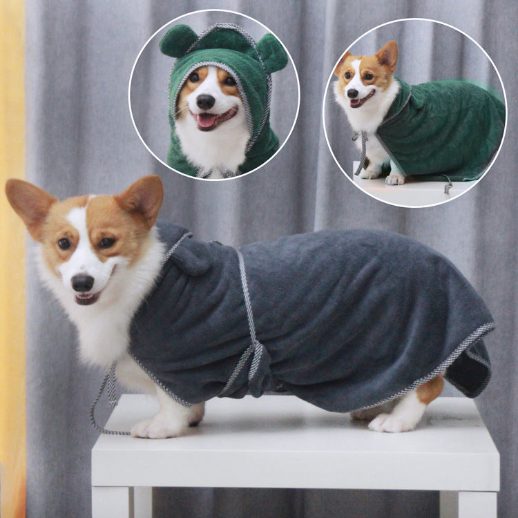 Dog wearing a gray hooded towel on a white chair with close-up insets of the dog in green and gray hoodies.